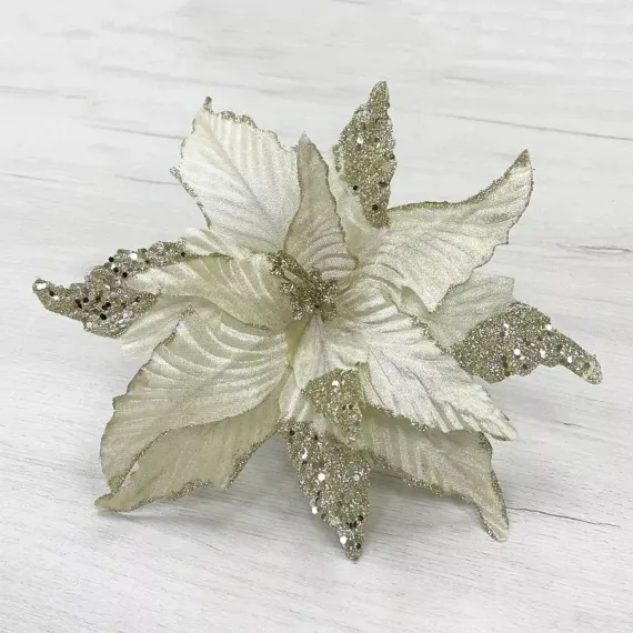 Декоративный цветок Пуансеттия 28 см., шампань, на клипсе, Christmas DeLuxe (85662-87154)