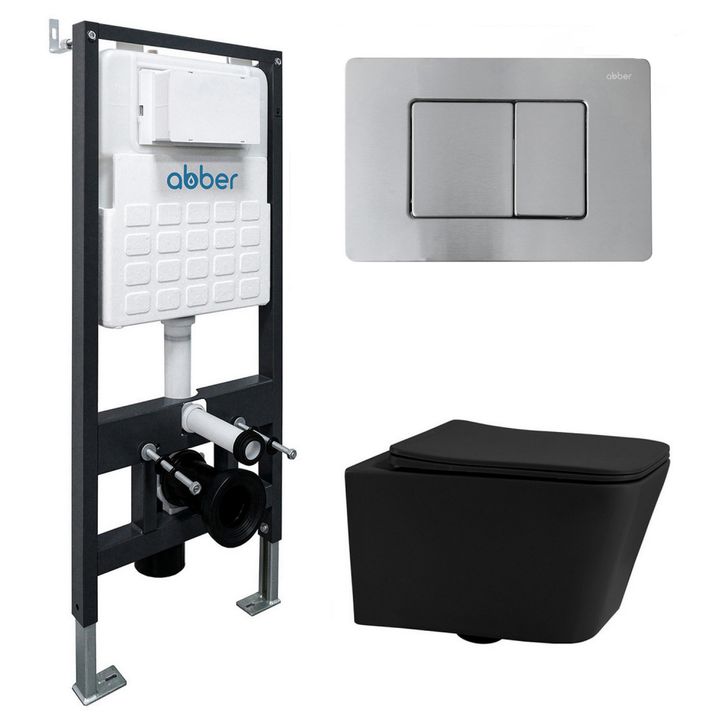 Комплект подвесной унитаз ABBER Rechteck AC1201MB черный матовый с инсталляцией AC0105 и кнопкой AC0120MCH матовый хром