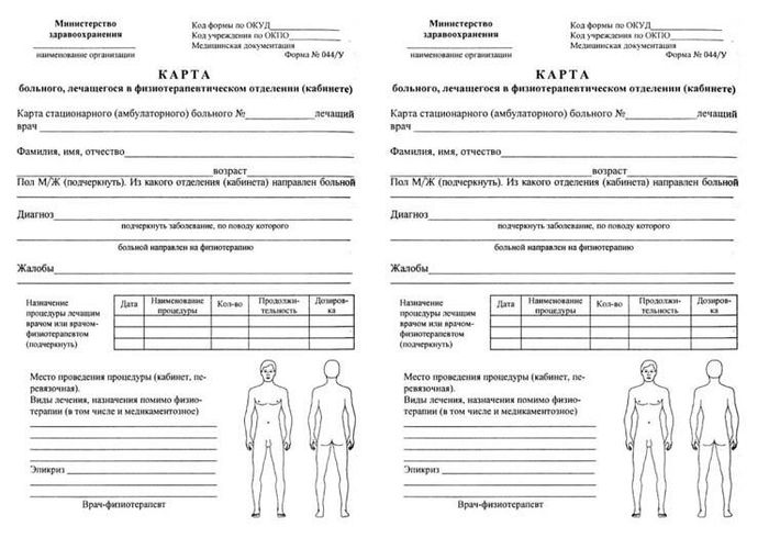 ф № 044у Карта на физио лечение