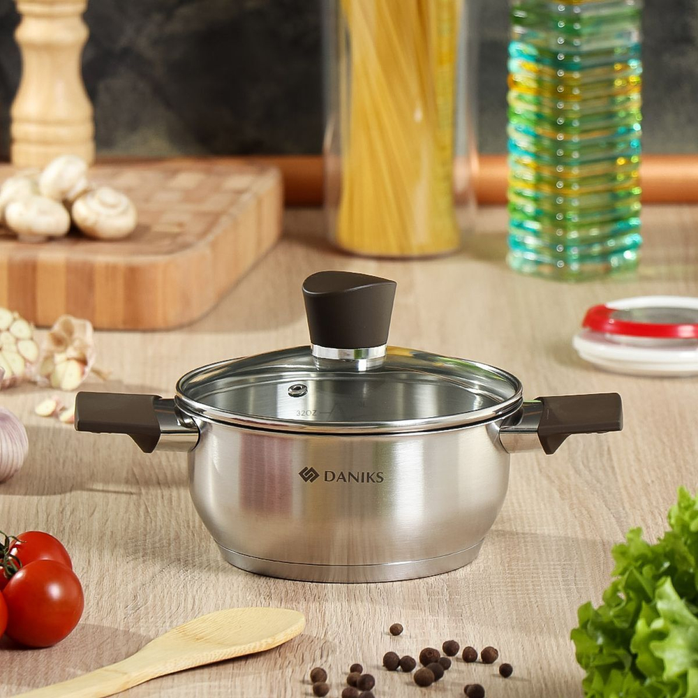 Кастрюля нерж, 1.5 л, с крыш, крышка стекло, Daniks, Savory, SD-A95-16, серебр, индукц