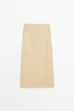 Massimo Dutti Юбка миди из кожи наппа, ванильный