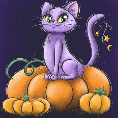 Сиреневый кот сидит на тыквах, волшебные звезды и луна