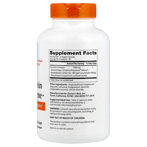 Doctor's Best, Curcumin Phytosome, куркумин, 1000 мг, 180 растительных капсул (500 мг в 1 капсуле)