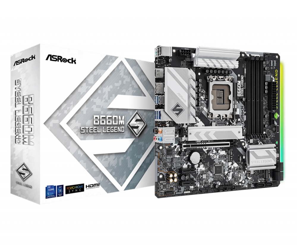 Материнская плата ASRock B660M Steel Legend Socket 1700, Intel B660, 4xDDR4, PCI-E 5.0, 2500 Мбит/с, 4xUSB 3.2 Gen1, HDMI, DisplayPort, подсветка, mATX