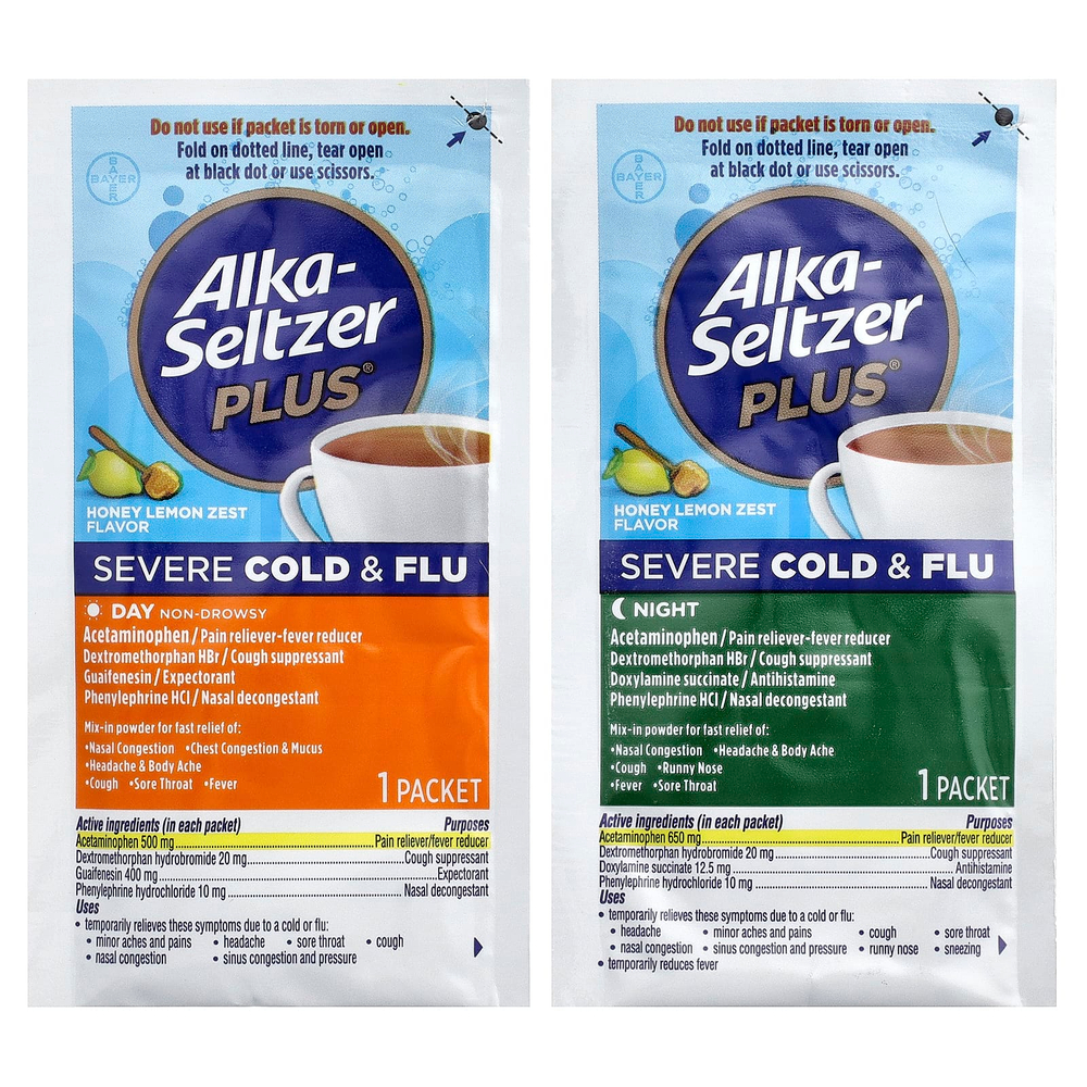 Alka-Seltzer Plus, От сильной простуды и гриппа, днем и ночью, с медом и цедрой лимона, 12 пакетиков