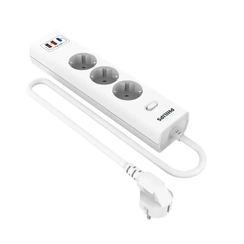 Сетевой фильтр удлинитель Philips CHP4336WA/51 с тремя стандартными розетками EU, 2 USB-A, Type-C, с заземлением и защитой от перегрузок, 2 м, белый