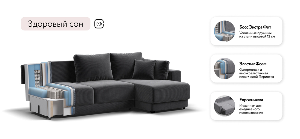 Угловой диван Босс Прайм ХЛ Вельвет Корд графит