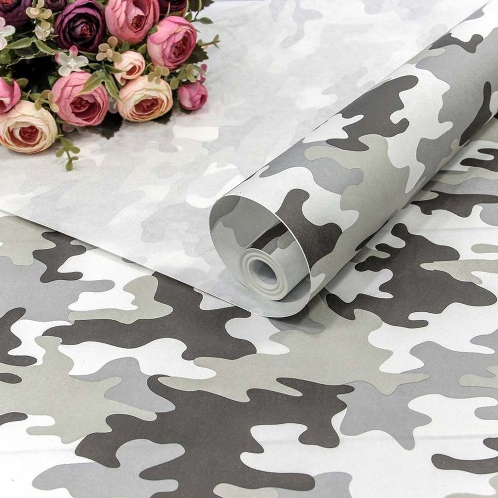 Упаковочная бумага, Крафт 50гр (0,7*10 м) Камуфляж, Серый, 1 шт.