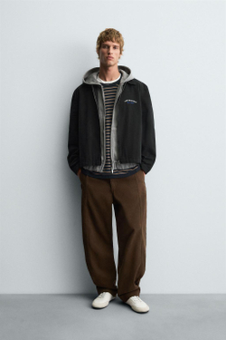 ZARA КУРТКА С ВЫШИВКОЙ И МОЛНИЕЙ, ЧЕРНЫЙ