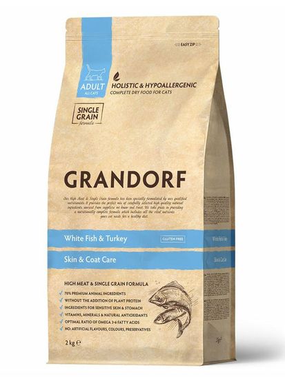 Grandorf Cat Adult Skin&Coat Care сухой корм для кошек с проблемной кожей и шерстью или склонных к аллергии, белая рыба с индейкой 2 кг