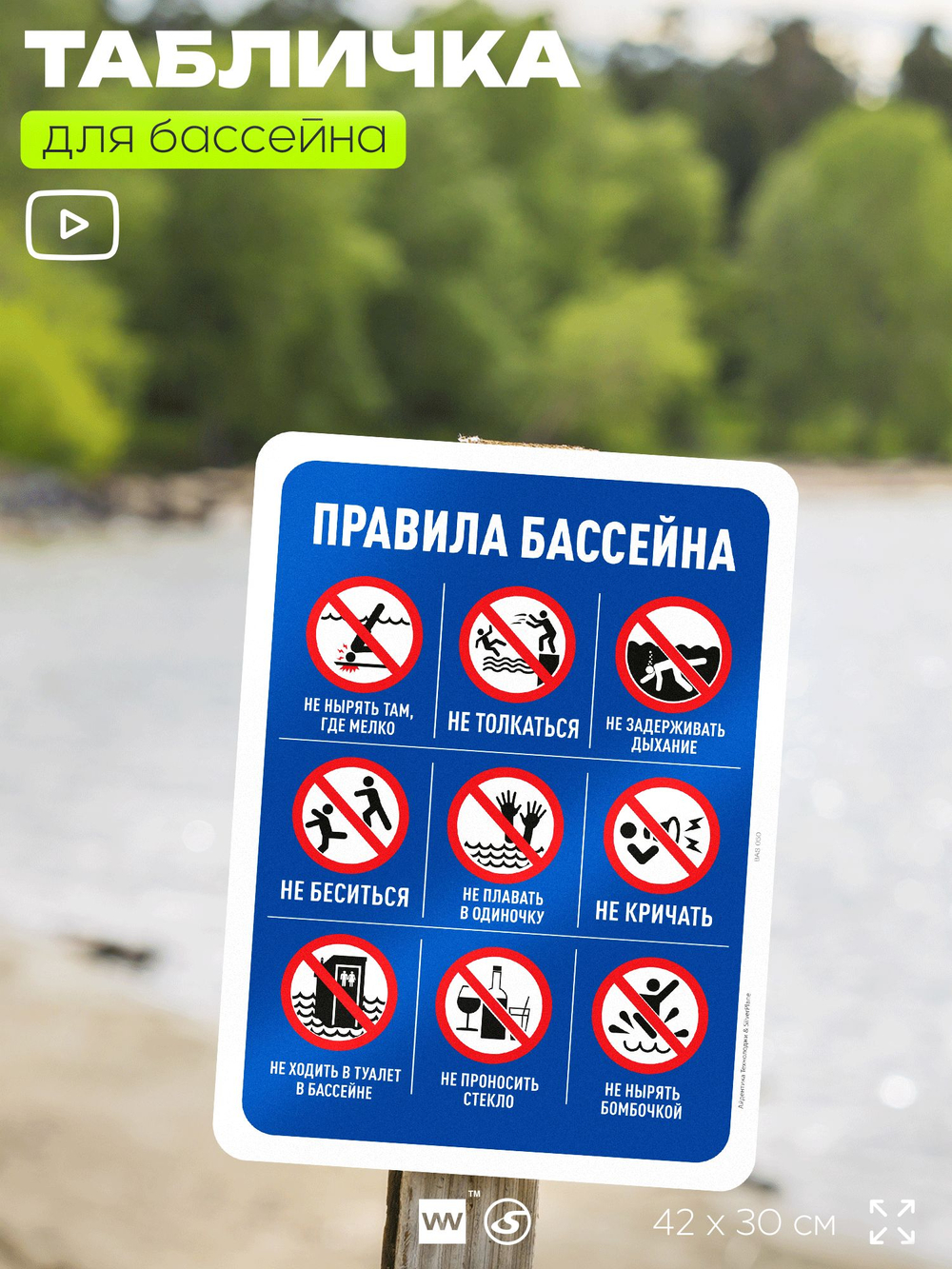 Табличка для бассейна "Правила безопасности и нормы", на пляж, для общественной и частной зоны отдыха, информационная, 40х30 см, Silver Plane x Айдентика Технолоджи