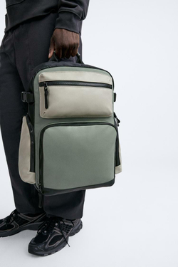 ZARA ПРОРЕЗИНЕННЫЙ РЮКЗАК С НЕСКОЛЬКИМИ КАРМАНАМИ, ЗЕЛЕНЫЙ