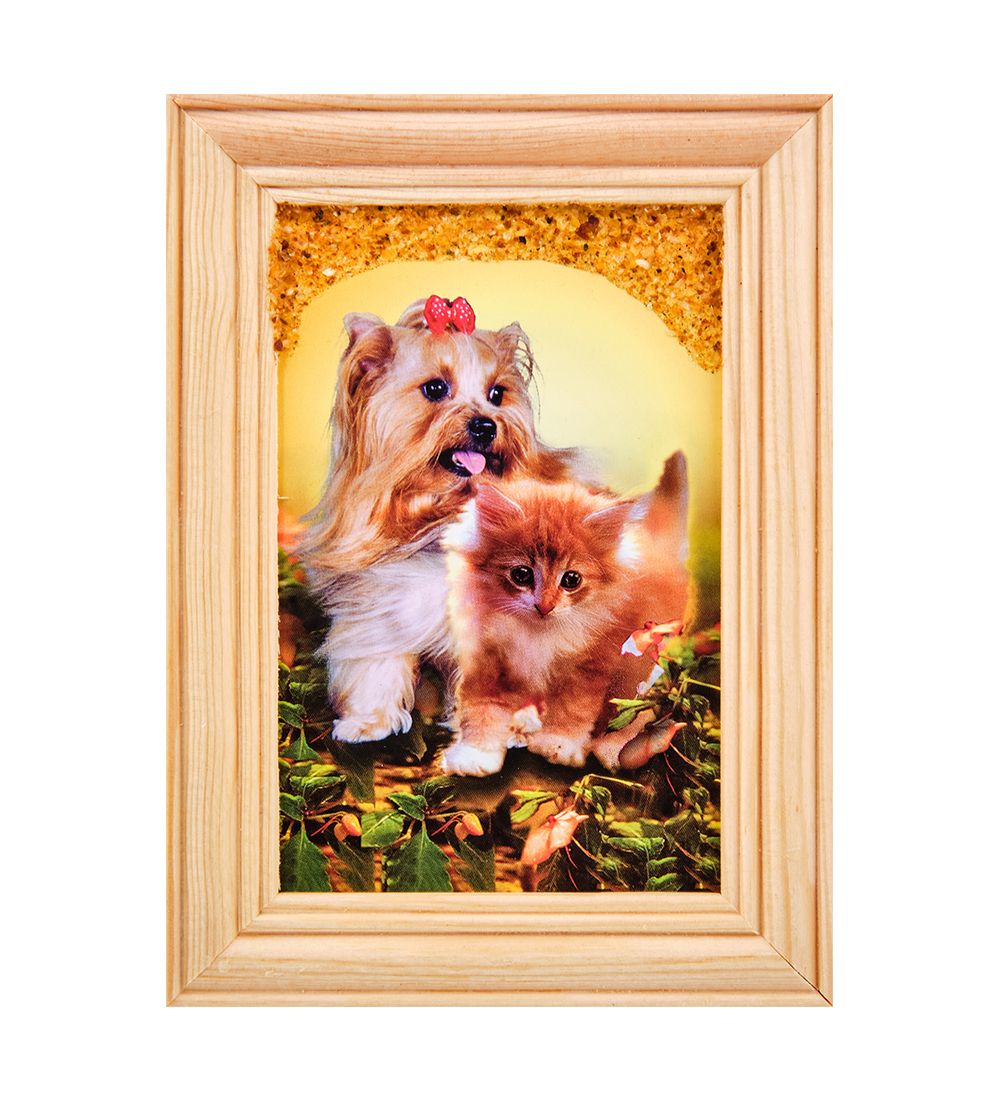 AMB-56/21 Картина «Щенок с котенком» (с янтарной крошкой) дер.рамка 8х12