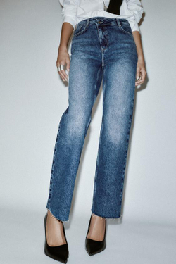 ZARA ДЖИНСЫ Z.09 STRAIGHT С ВЫСОКОЙ ПОСАДКОЙ И ПЕРЕКРЕСТНЫМ ПОЯСОМ, СИНИЙ