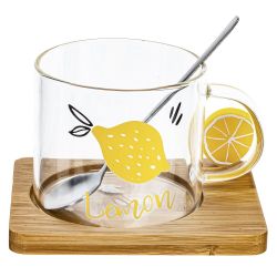 GAEM Кружка с ложкой на деревянной подставке, 300 мл, L12 W9,5 H8,5 см, 3в.