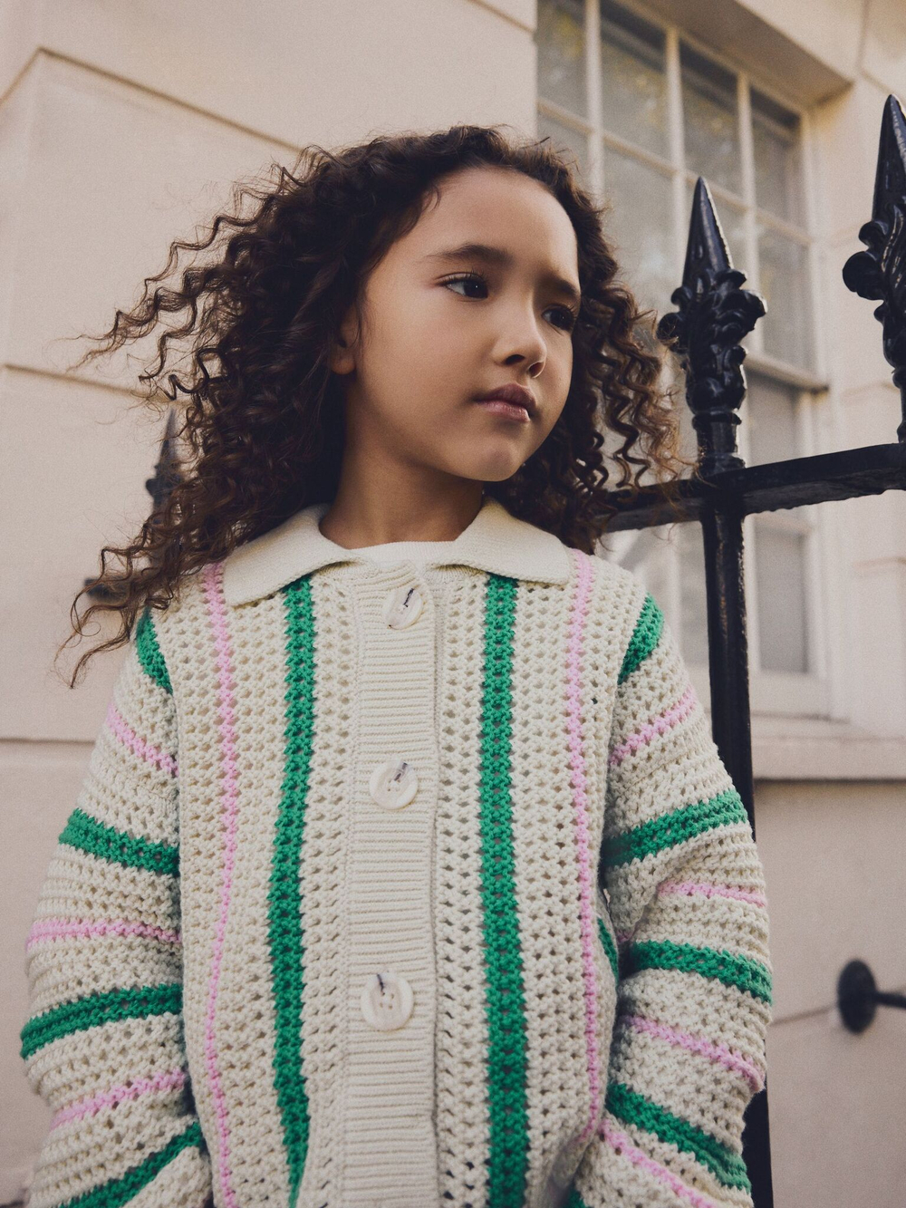 Кардиган вязаный с воротником для девочки Next E25-053, Кремовый, Зеленый