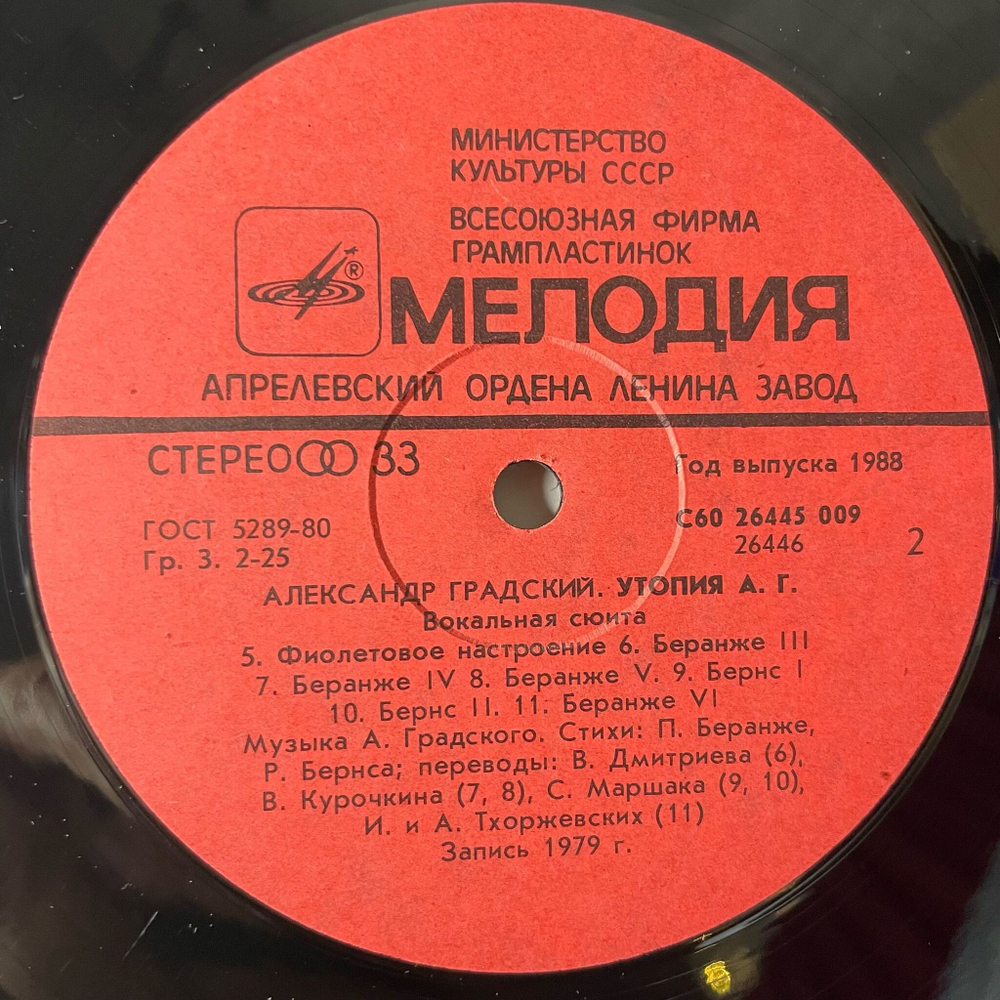 Винтажная виниловая пластинка LP Александр Градский Утопия А. Г. (СССР 1988)