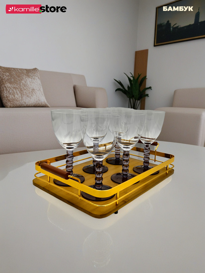 Поднос прямоугольный 35х25 см. бамбуковый с ручками металлическим бортиком