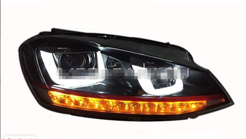 Передние фары Гольф 7 V8 type GTI [Комплект Л+П; яркие ходовые огни; биксеноновая линза; электрокорректор; LED поворотник]