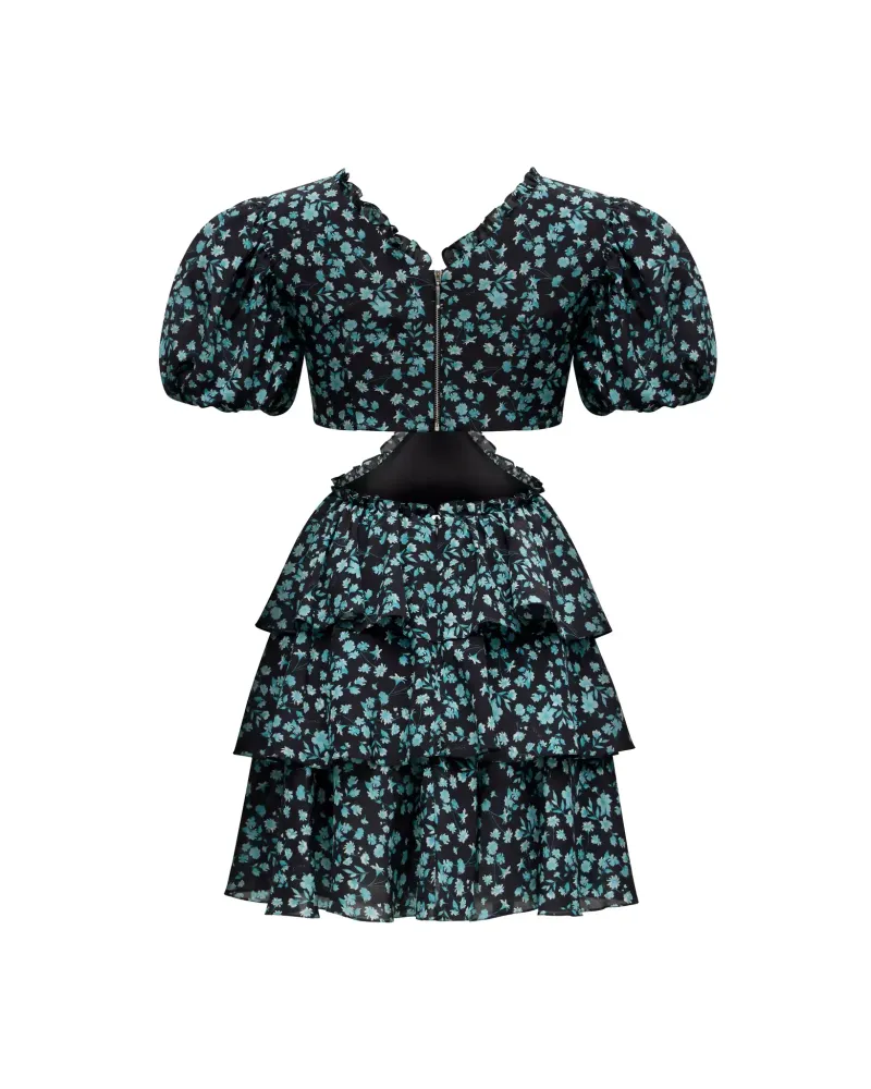 Kelly mini, платье мини с коротким рукавом из черного крепдешина с мелкими голубыми цветами