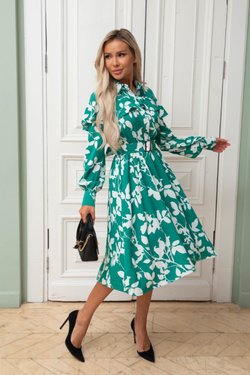 Платье зеленое с белыми листьями