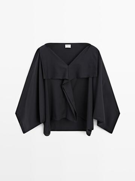 Massimo Dutti Блузка с V-образным вырезом и оборками - STUDIO, темно-синий