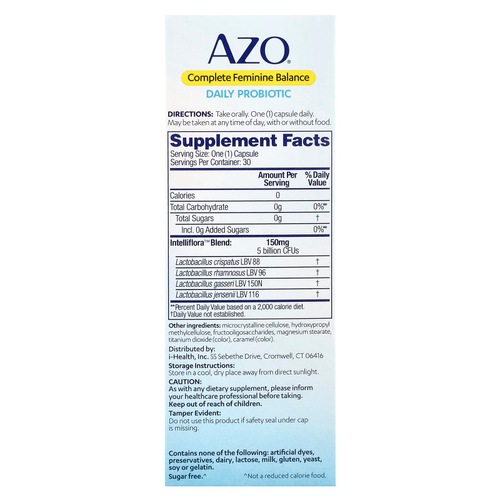 AZO, Complete Feminine Balance, пробиотик для ежедневного приёма, 5 млрд КОЕ, 30 капсул для приёма один раз в день