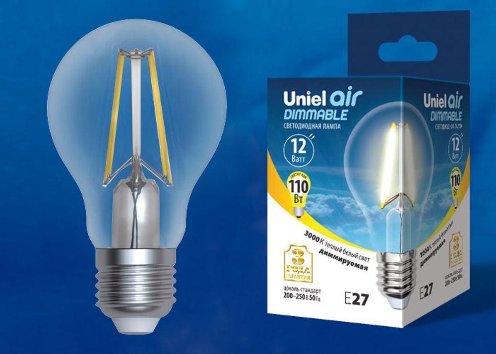 LED-A60-12W/3000K/E27/CL/DIM GLA01TR Лампа светодиодная диммируемая. Форма А, прозрачная. Серия Air. Теплый белый свет (3000K). Картон. ТМ Uniel.