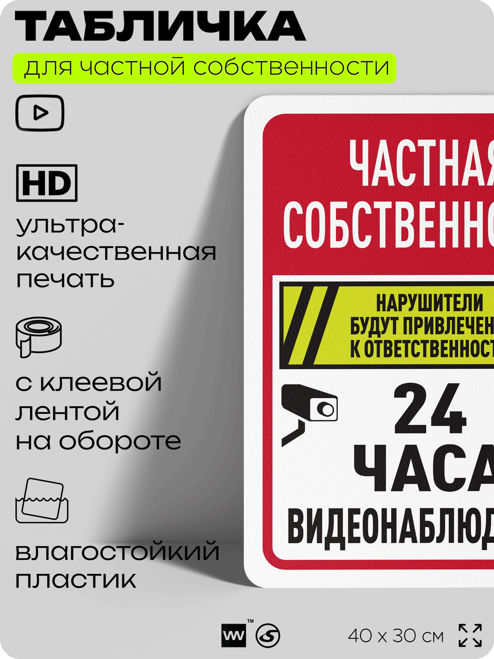 Табличка для частной территории "Частная собственность, видеонаблюдение 24 часа", на дом, для участка, организаций, предупреждающая, 40х30 см, Silver Plane x Айдентика Технолоджи