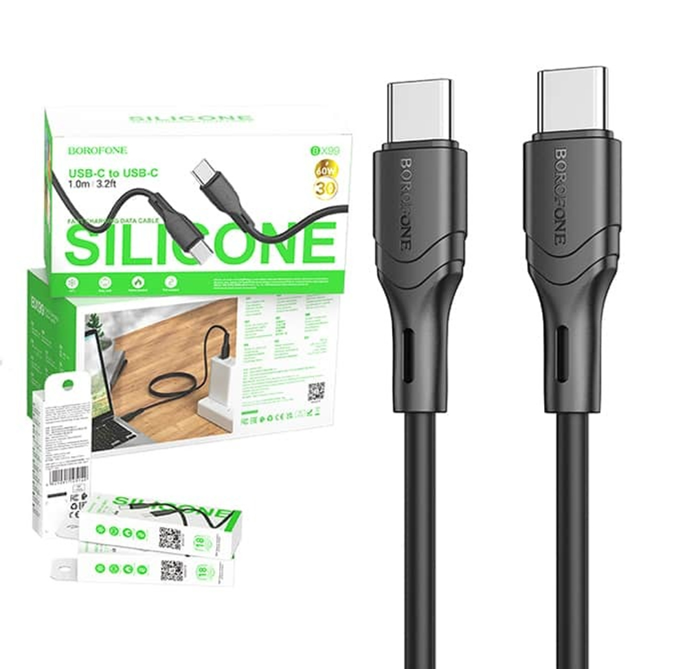 Кабель TypeC - TypeC BOROFONE BX99 60W Silicone (черный) 1м, мятая упаковка