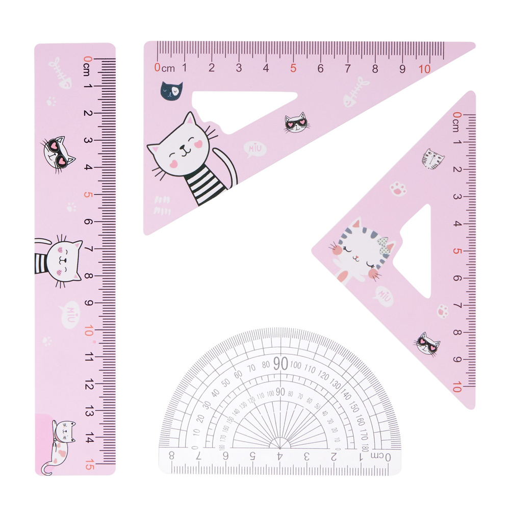 Линейка Basir пластиковая, набор 4 шт, серия "Котики", 4 предмета: линейка 15 см, транспортир и два угольника