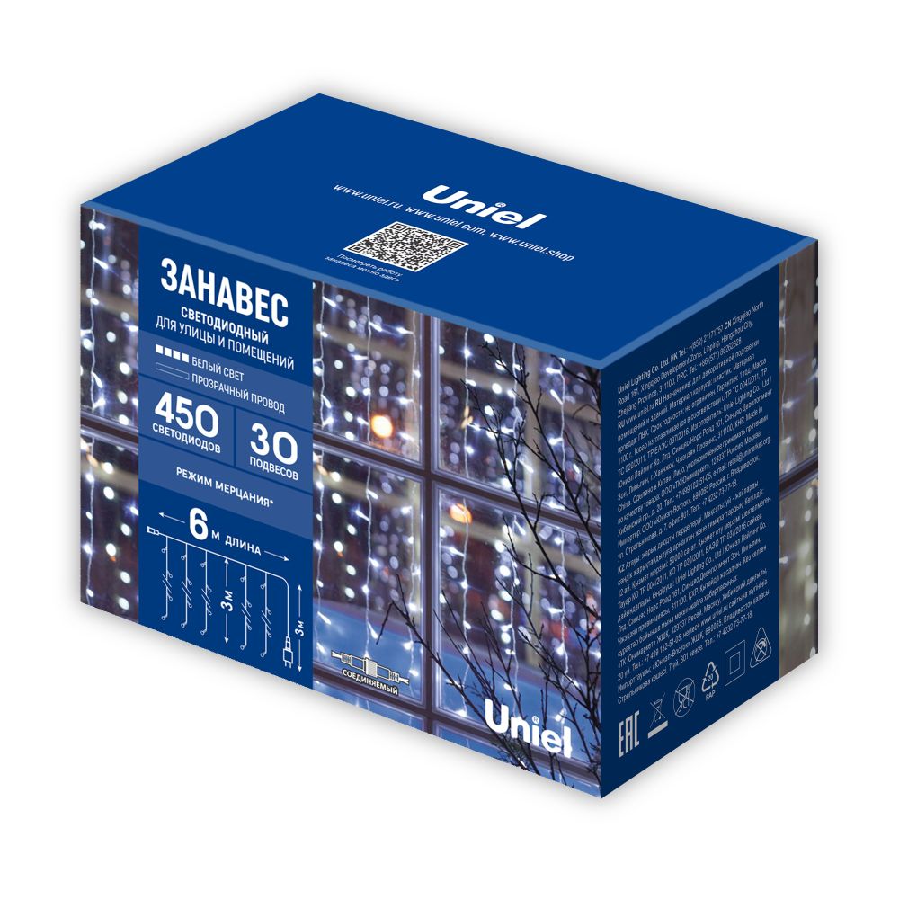 ULD-C6030-450-TTK WHITE IP44 Занавес светодиодный с эффектом мерцания. 6х3м. Соединяемый. 450 светодиодов. Белый свет. Провод прозрачный. TM Uniel