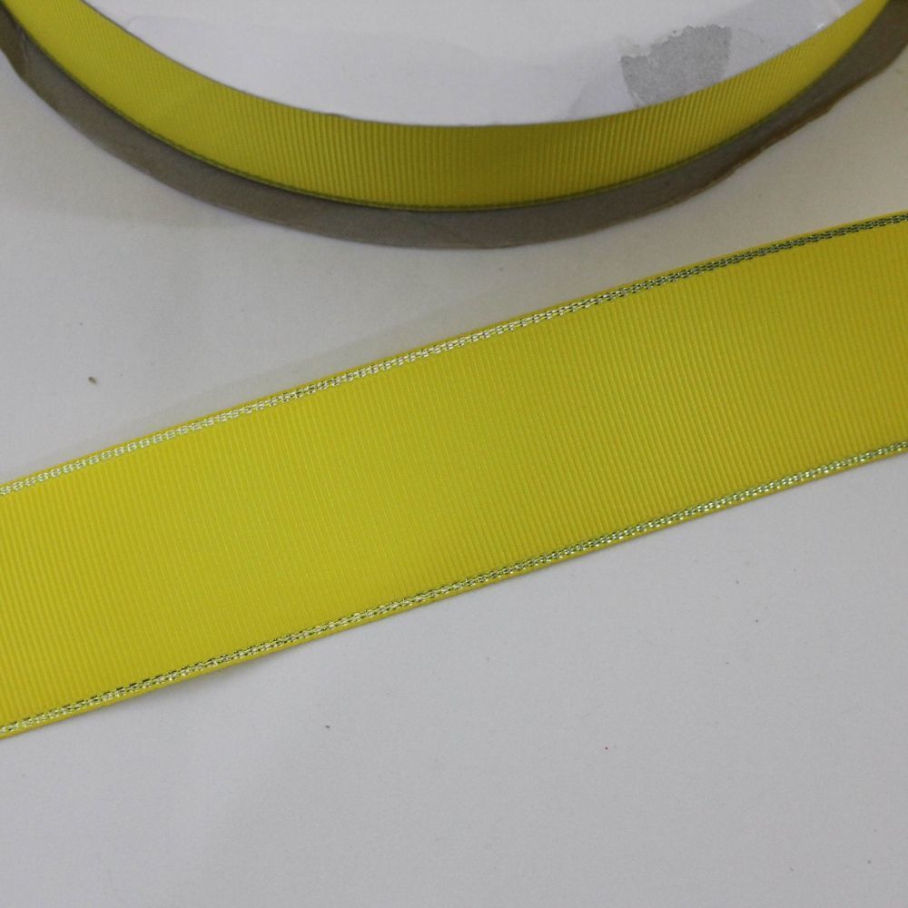 Лента репсовая однотонная с металл. кромкой(серебро) 38 мм, длина 25 ярдов, цвет: 645 желтый