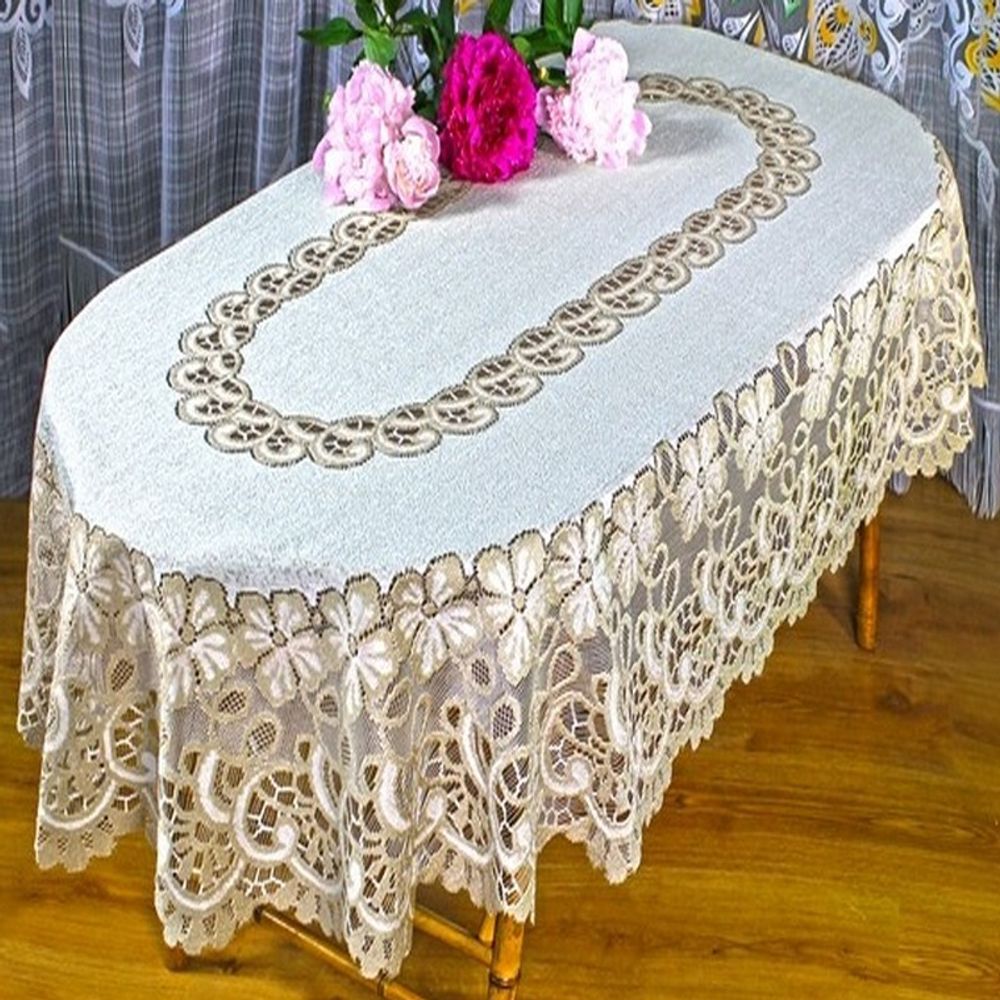 Скатерть жаккардовая овальная, 100*150 см, цвет: кремово-золотистый, Польша.