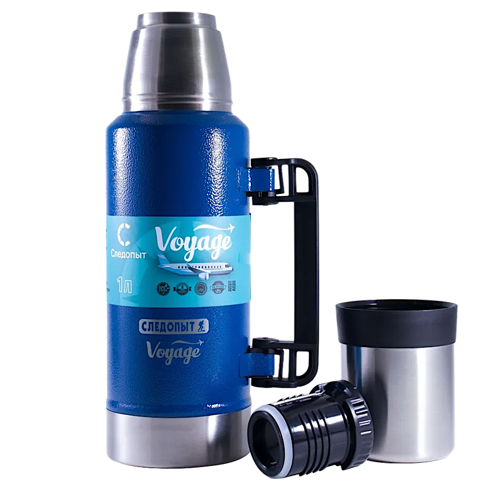 Термос 1.0л Следопыт PF-TM-17 Voyage с ручкой Синий (98°C &gt;6ч-83°С &gt;12ч-75°С &gt;24ч-61°С) 95х320мм Вес 0.73кг