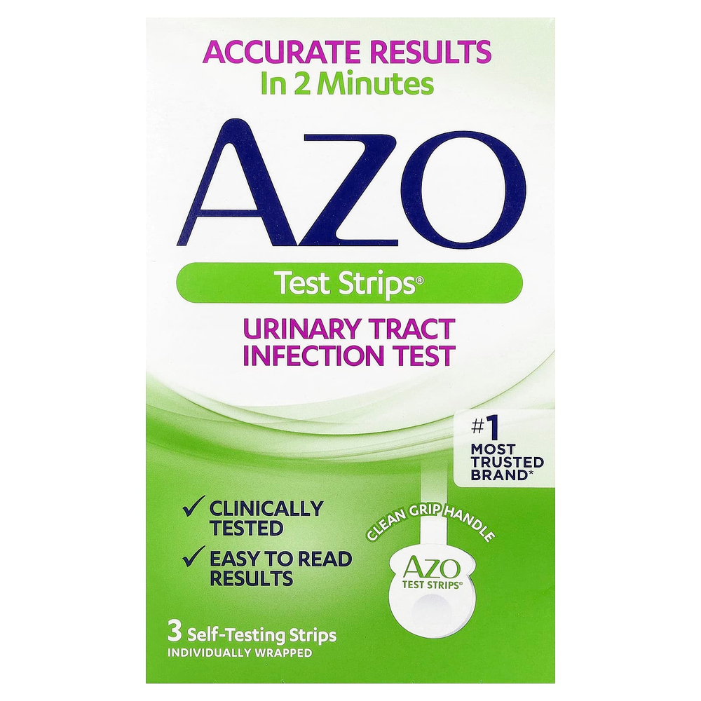 AZO, Test Strips®, тест на инфекцию мочевыводящих путей, 3 полоски для самопроверки