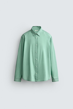 ZARА РУБАШКА REGULAR FIT С ЭФФЕКТОМ ПОТЕРТОСТИ, ЛИНЯЛЫЙ ЗЕЛЕНЫЙ