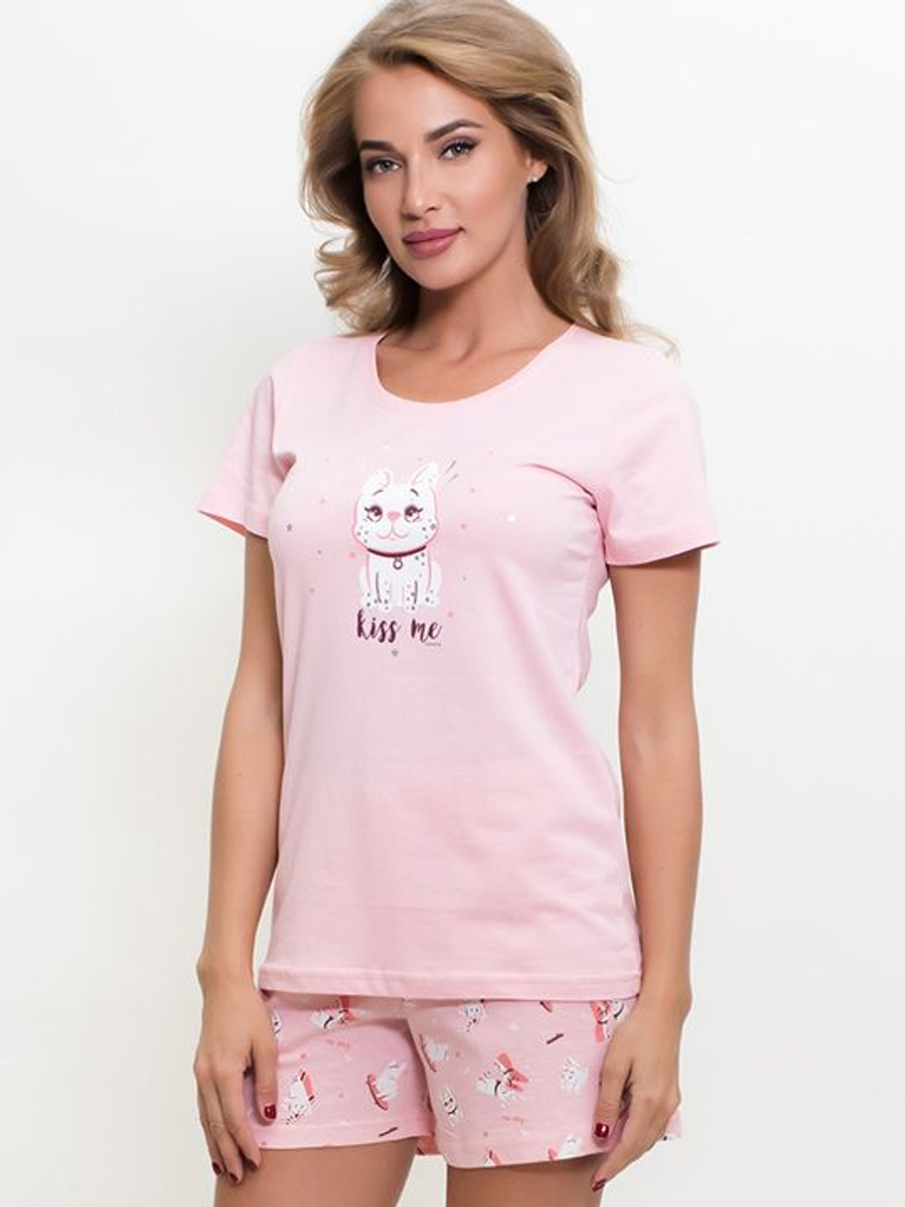 Женская пижама с кошечкой на груди (Размер: S) (Цвет: нежно-розовый)