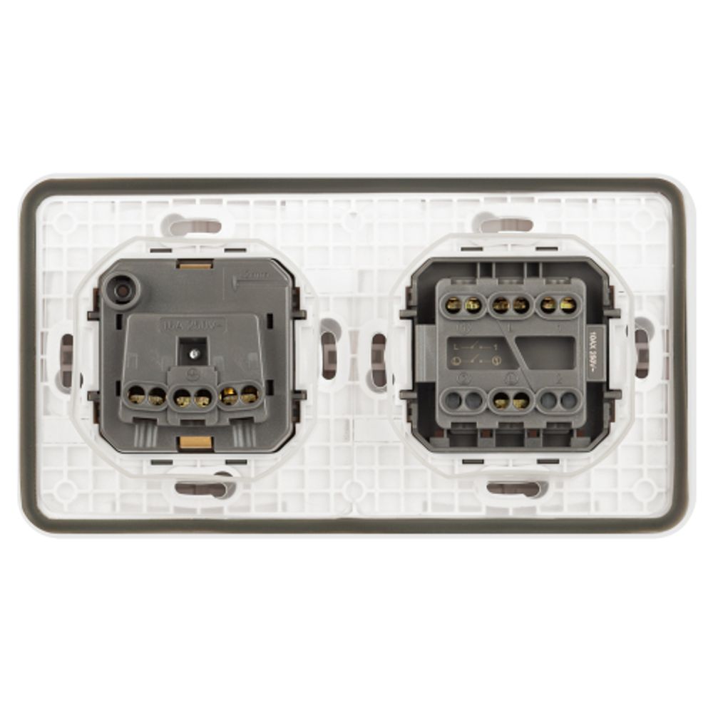 Блок розетка с выключателем ЭРА Эксперт 11-7522-01 двойной IP55, 16A(10AX)-250В, СУ, белый | Эра Эксперт