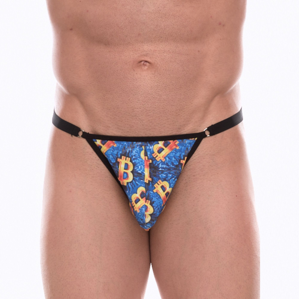 Синие мужские трусы-тонги с разноцветным принтом (Размер: XL) (Цвет: синий)