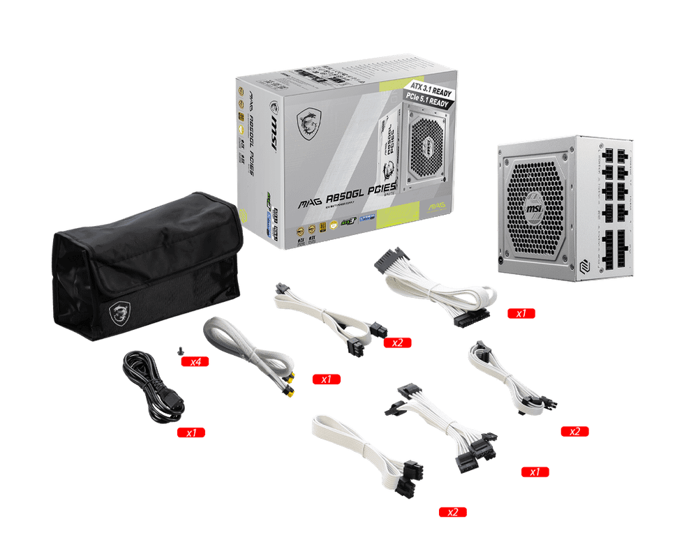 Блок питания MSI  850W, MAG A850GL PCIE5 WHITE, Full Modular, ATX, 80+ GOLD, >90%, Fan 120mm, Белый