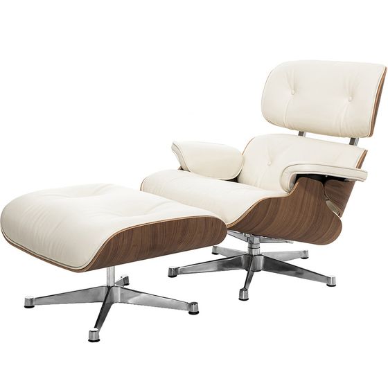 Культовое кресло с оттоманкой Eames Lounge, Premium U.S. version, кремовая кожа/орех | Купить в Hallberg.ru