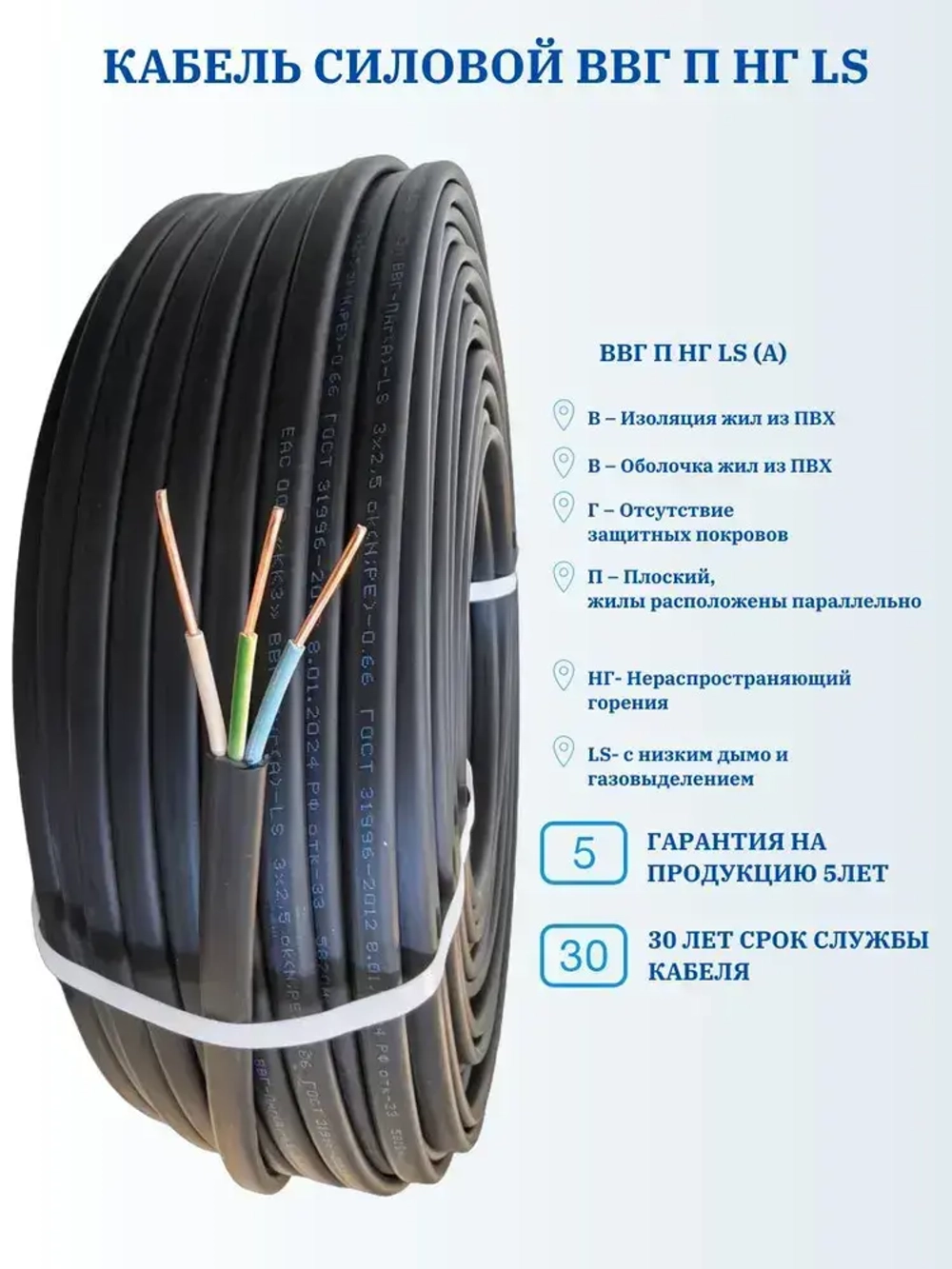 Калужский Кабельный Завод Силовой кабель ВВГ-Пнг(А)-LS 3 x 1.5 мм², 100 м