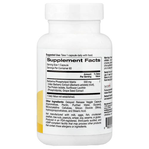 Super Nutrition, фитосомы берберина, 550 мг, 60 растительных капсул