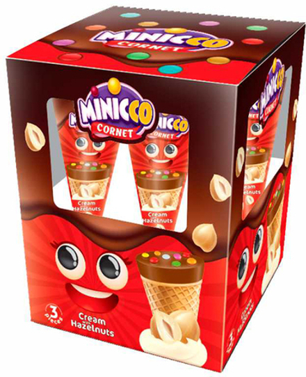 Вафельный рожок Minicco с ореховым кремом, молочным шоколадом и драже 100г