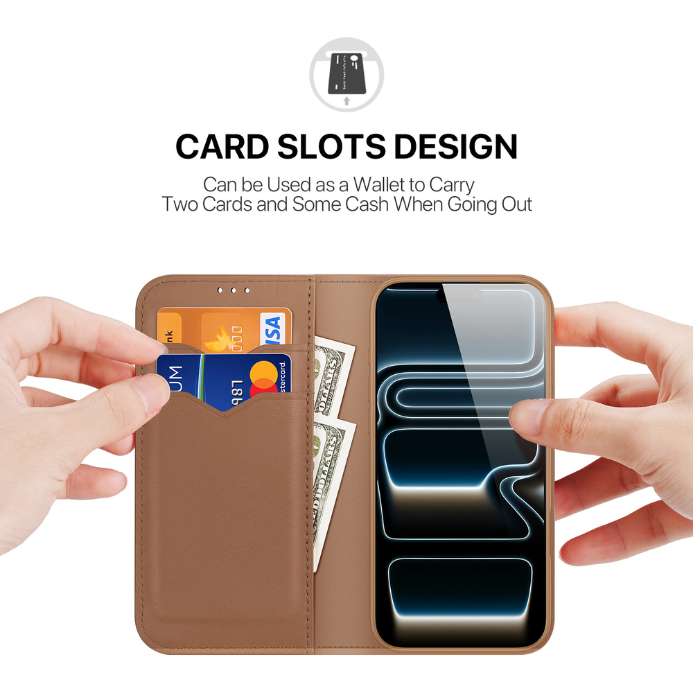 Чехол книжка из натуральной кожи коричневого цвета для iPhone 17 Pro Max, серия Hivo Series Case (защита RFID) от Dux Ducis