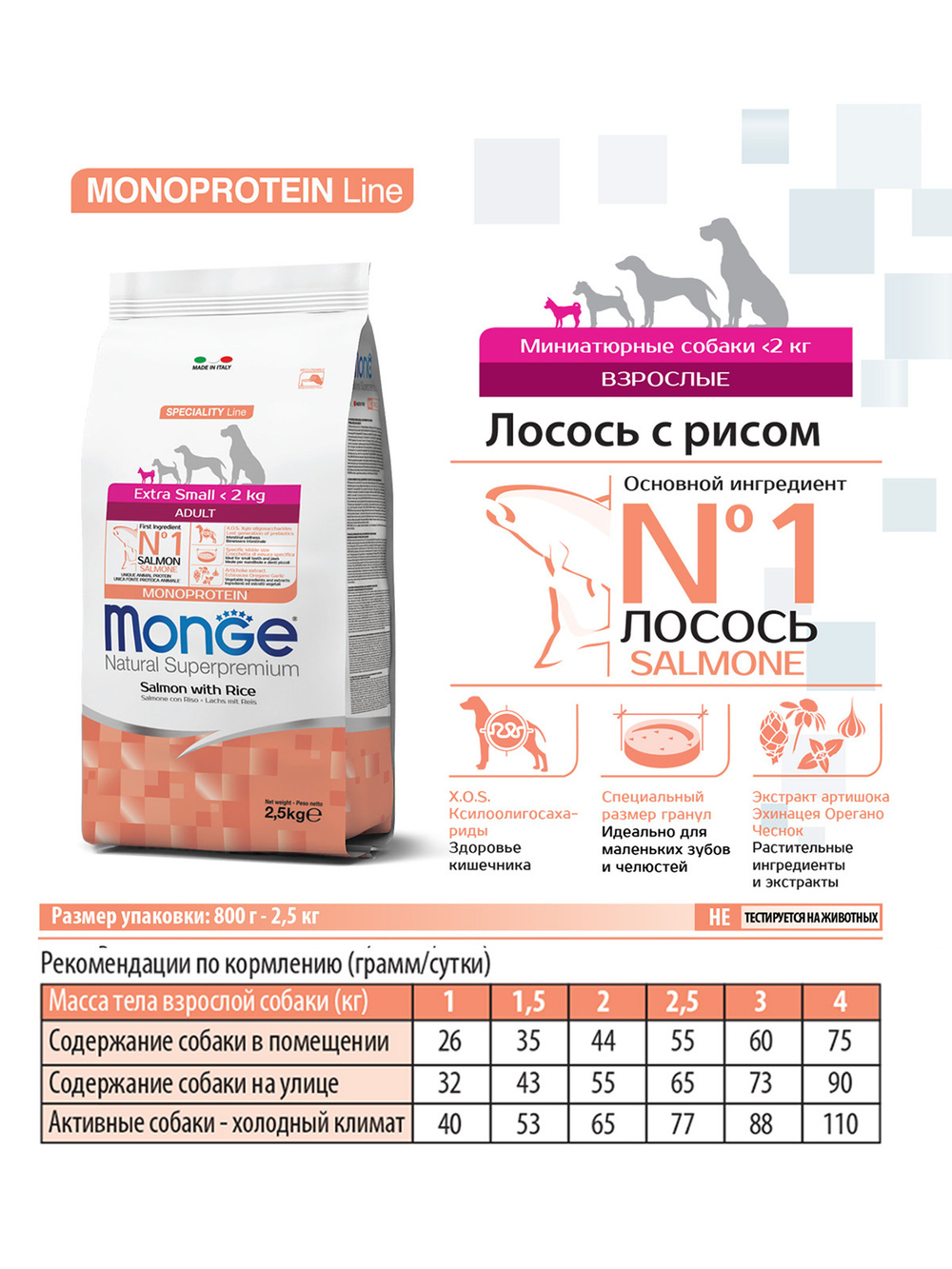 Сухой корм Monge Dog Speciality Line Monoprotein Extra Small для взрослых собак миниатюрных пород, лосось с рисом 2,5 кг