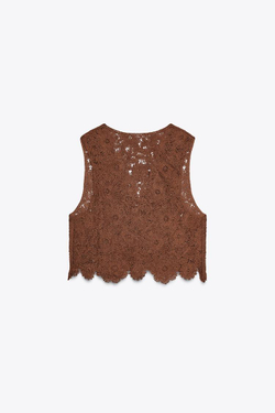 ZARA ТОП-ЖИЛЕТ ИЗ КРУЖЕВА КРОШЕ, СВЕТЛО-КОРИЧНЕВЫЙ