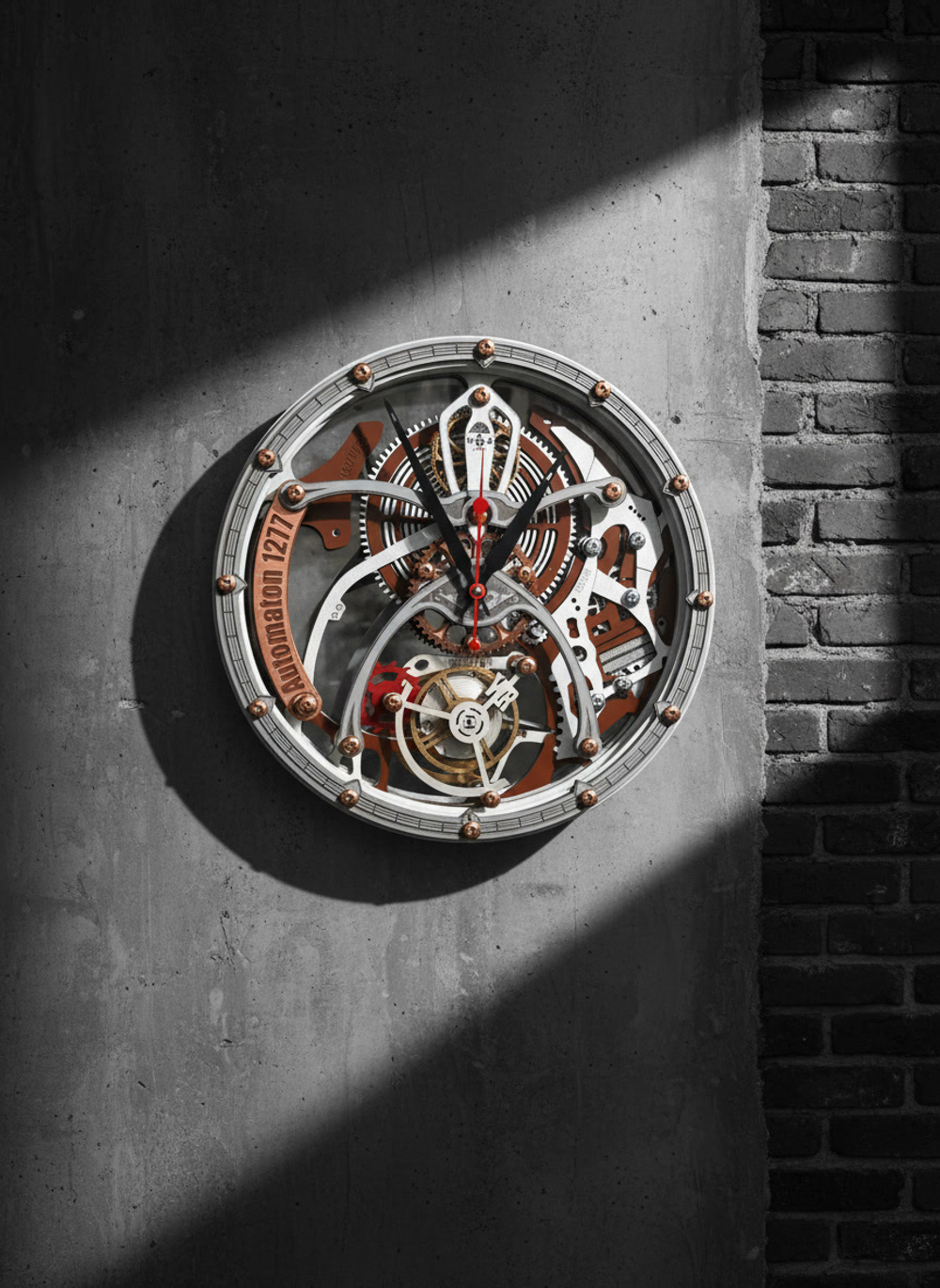 Настенные часы WOODandROOT Automaton 1277 Tourbillon с открытым механизмом на бетонной стене, освещённой диагональным лучом света.