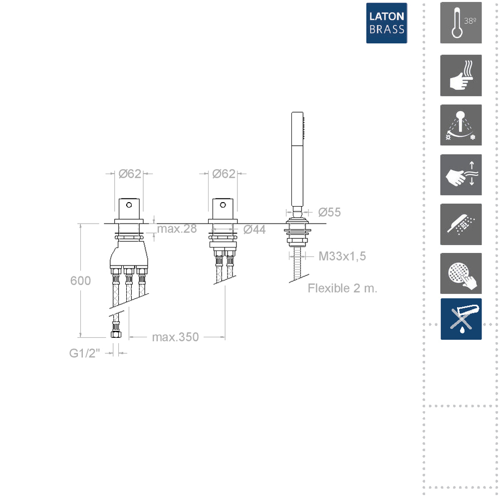 Смеситель в борт ванны термостатический с ручным душем URBAN CHIC 213303TSCAM